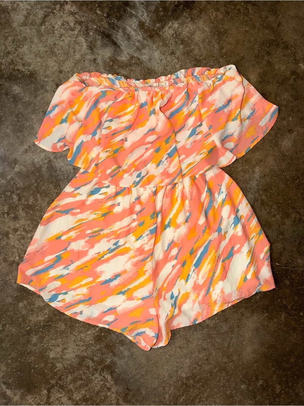 Strapless Ruffle Romper Coral Abstract Print Resort Beach Vacation Summer L NWT